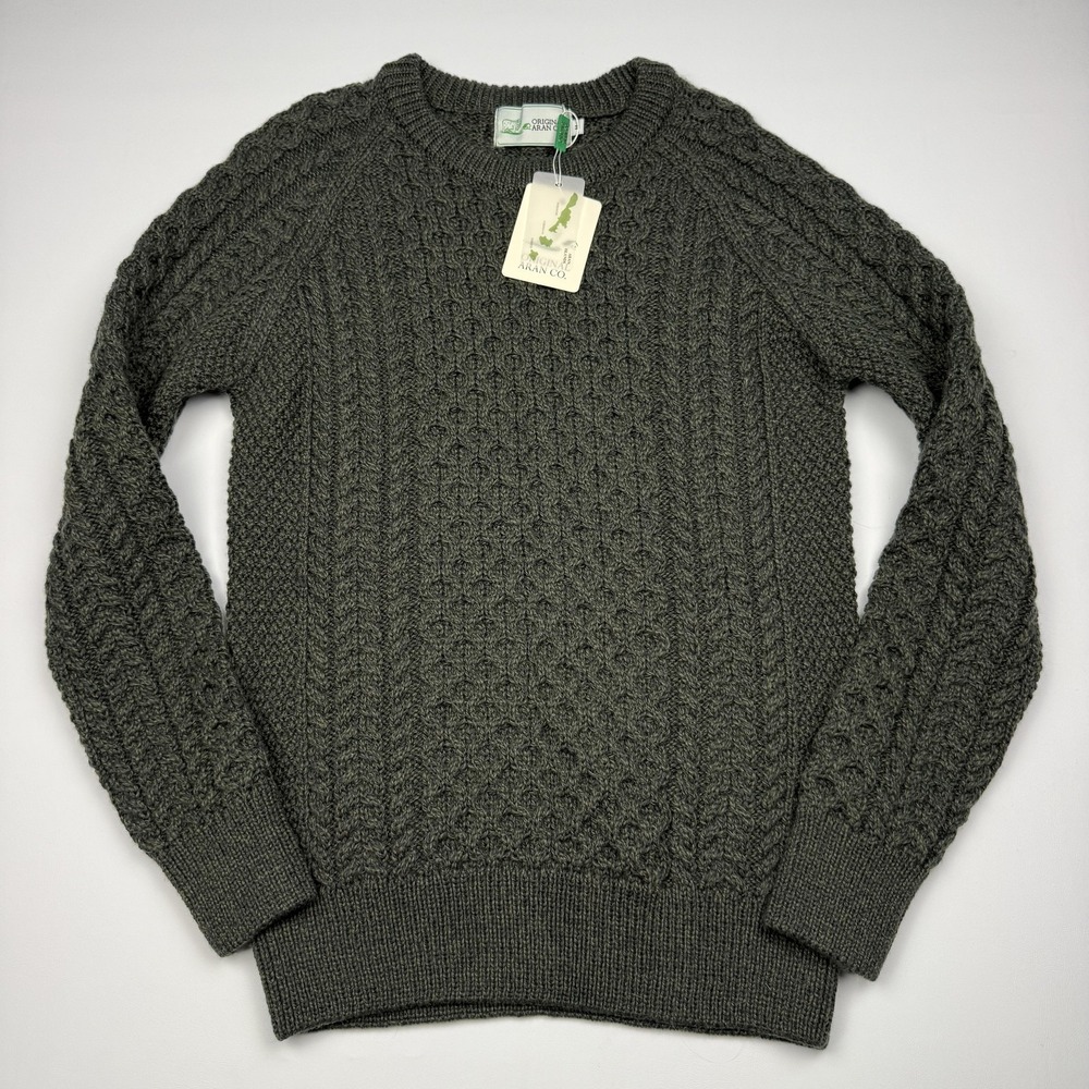 Original Aran Co Sweater Mens Medium Green Merino Wool Aran Cable Knit Crewneck
